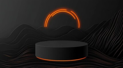 Poster - Modern black podium display with orange neon arc and wavy lines studio shot for product showcase presentation