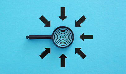 Poster - Focus on results and goal are shown by Magnifying glass focusing on a target with arrows pointing the aim