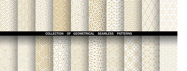 Fototapete - Geometric set of seamless golden and white patterns. Simple vector graphics