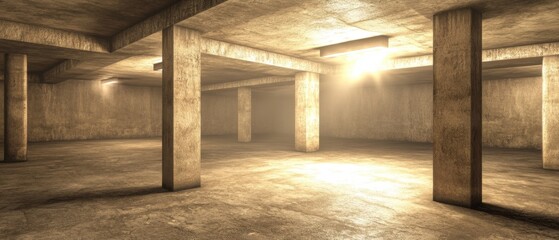 Poster - Empty Concrete Basement Interior with Columns and Light Fixtures Architecture Photography Perspective View Industrial Space Underground Structure