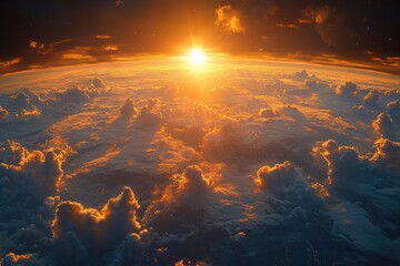 Wall Mural - Sunrise over Earth viewed from space with vibrant clouds and glowing horizon near the edge of the atmosphere