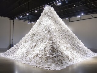 Poster - Massive Paper Pyramid in Gallery Installation Art Perspective White Sheets Stacked High Abstract Concept