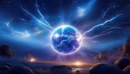 cosmic sphere, lightning strike, surreal landscape, celestial energy, fantasy sky, glowing orb, digi