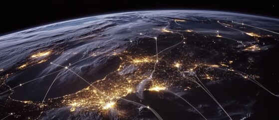 Poster - Earth from Space at Night with City Lights and Communication Network Lines Global Connectivity Concept