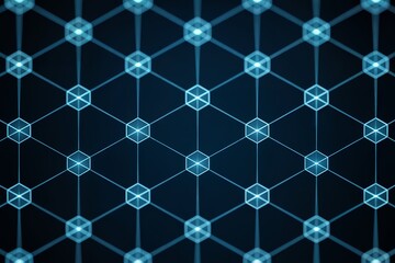 Fototapete - Abstract glowing blue hexagonal grid pattern on dark background, concept for technology, network, and connection