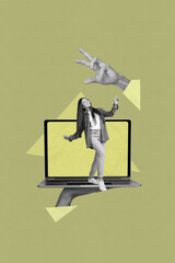 Poster - Creative trend collage of person stand on netbook with hand gesture color background