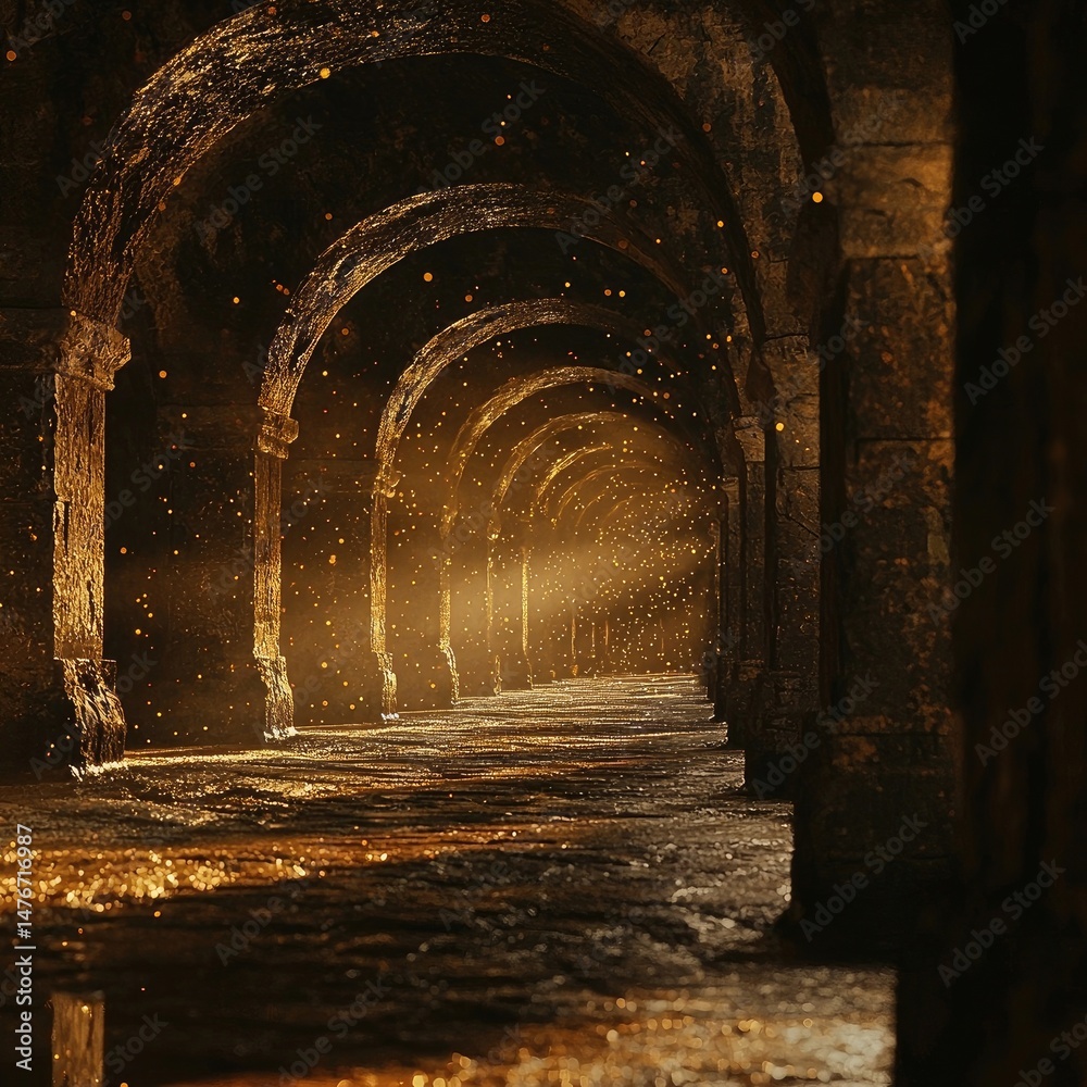 Long stone corridor with arches lit by sunlight beams. Floating dust ...