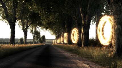 Wall Mural - Vibrant Circular Shapes Glowing Along a Tree-Lined Pathway