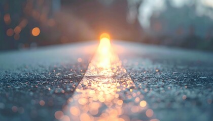 Poster - Glowing sunset reflection on a rain-drenched road urban environment photography serene perspective