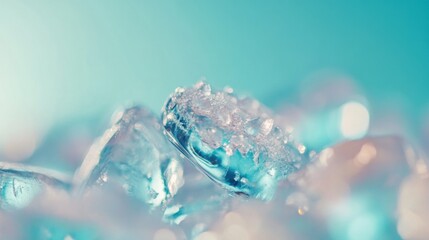 Poster - Macro shot of melting ice cubes on a light blue background showing texture and refraction in studio