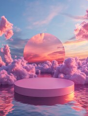 Poster - Pink Podium on Water with Dreamy Clouds at Sunset Product Display Abstract Presentation Background