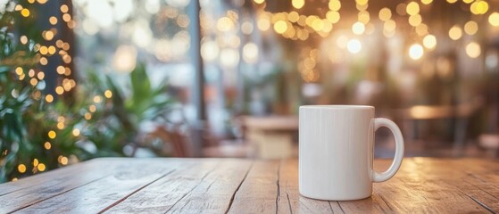 Poster - White mug sits on wooden table in cafe with blurred lights and plants in the background warm and inviting atmosphere
