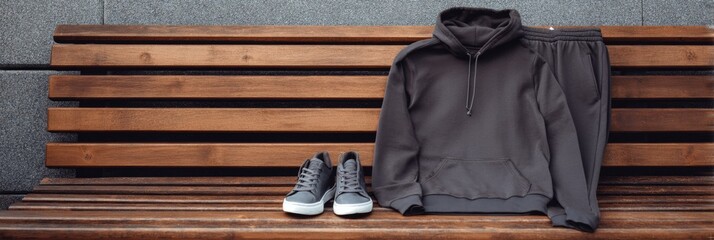 Poster - Hoodie and Joggers Laid Neatly on a Wooden Bench in a Modern Urban Setting With Space for Text Above