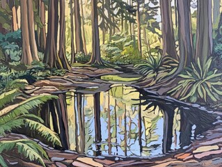 Poster - Forest Reflection Painting of Trees and Ferns in Pacific Northwest Style with Water in Foreground