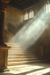 Poster - Light Beam Illuminating Stone Staircase in Old European Building Interior, Low Angle View, Atmospheric