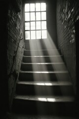 Poster - Stairway Ascending to Bright Window Light in Dark Brick Building Interior Low Angle View