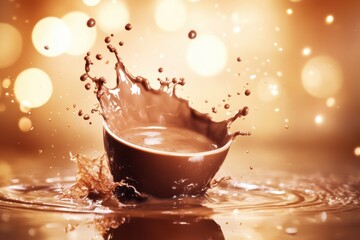 Poster - Chocolate Milk Splash in a Brown Bowl, Close-Up Shot, Studio Setting, Brown Tones, Food Photography, Beverage