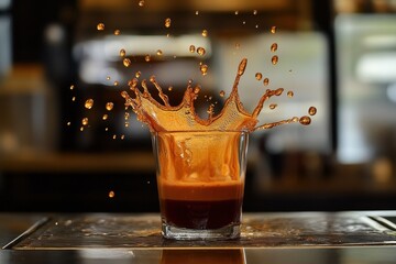 Poster - Espresso shot splash closeup in glass on counter; golden drops, liquid motion, coffee culture, cafe setting, professional barista