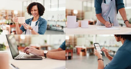 Poster - Woman, technology and potter in workshop for small business, inventory management and stock checklist. Entrepreneur, phone and series in startup for photography, social media marketing and smile