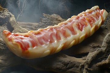 Poster - Close-up of Abstract Resin Sculpture on Driftwood, Studio Shot with Atmospheric Lighting, Artistic Still Life