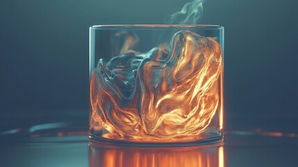 Poster - Abstract Liquid Sculpture Inside Glass Container with Vapor Rising in Studio Shot on Dark Background