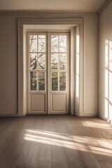 Poster - Interior view of a room with double doors and sunlight streaming onto the wooden floor, neutral tones, minimalist style