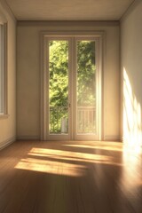 Poster - Interior architecture showcasing a sunlit room with double doors leading to a balcony view of lush green trees