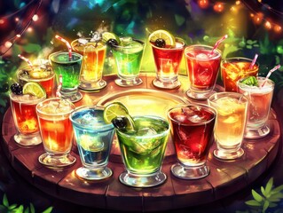 Poster - Colorful cocktail drinks arranged on wooden barrel table top view party celebration beverage alcohol