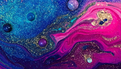 Poster - Abstract fluid art with vibrant pink and blue swirls, gold glitter accents, and spherical shapes creates a dynamic cosmic effect.