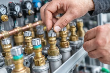 Poster - Close-up of a technician's hands adjusting the valve of a complex industrial machinery system, showcasing precision and expertise in maintaining equipment functionality and performance.