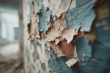 Poster - A close-up of a weathered wall with peeling paint in shades of blue, beige, and brown, revealing textures and patterns of decay in an abandoned building, creating an abstract and evocative visual.