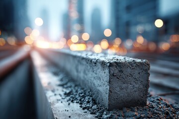 Poster - Urban Grit: Close-up of a textured concrete barrier against a blurred cityscape backdrop, creating a juxtaposition of raw urban elements and city lights at dusk.