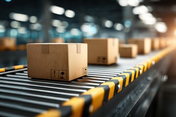 Poster - Parcels moving along automated conveyor belt system in distribution warehouse, representing logistics and delivery management for efficient distribution and transportation.