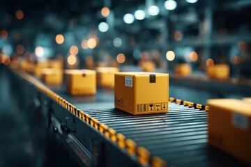 Poster - Close-up of packages moving on a conveyor belt in a distribution center, highlighting the efficiency and automation of the logistics process, with focus on speed and order.