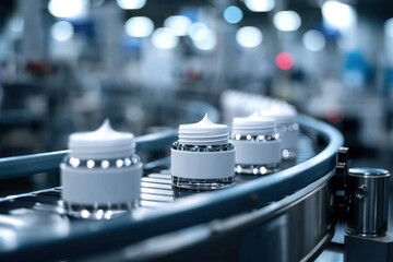 Poster - cosmetic cream jars on a conveyor belt in a factory, ready for packaging process and distribution, e