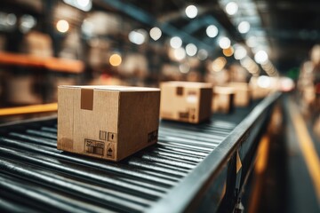 Poster - A close-up of cardboard boxes moving along a conveyor belt in a modern warehouse, showcasing automation and efficiency in the logistics and distribution process.