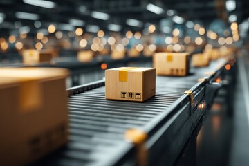 Poster - Cardboard boxes on conveyor belt system, automated warehouse machinery, distribution center, industrial manufacturing, logistic chain, modern technology, parcel delivery service.