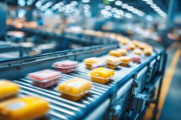 Poster - Food production line with plastic containers moving on a conveyor belt system, a factory setting, ensuring quality control and efficient processing of goods.