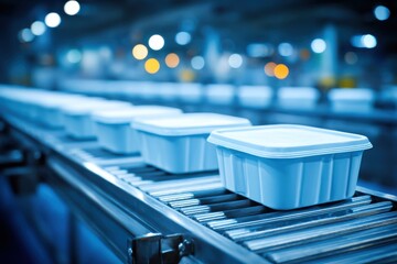Poster - Automated production line of blue plastic food containers in a modern factory, showcasing industrial efficiency and manufacturing precision with a clean aesthetic.