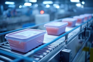 Poster - Pink food containers on a conveyor belt in a food processing factory, illustrating industrial manufacturing and quality assurance in a clean and controlled environment.