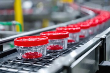 Poster - A close-up shot of a conveyor belt filled with small, clear plastic containers with red lids, moving along an automated production line in a factory setting.