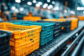 Poster - An industrial conveyor belt with multiple plastic crates, showcasing the supply chain, logistics, and automated material handling systems in manufacturing environment.