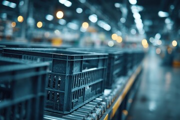 Poster - Close up of black plastic crates moving on a conveyor belt in a factory, automated production process, packaging and distribution center, industrial scene with blurred background.