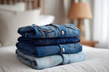 Poster - A neat stack of folded denim jackets on a crisp white bed, creating a sense of organization, cleanliness, and showcasing the variety of blue hues in the denim.