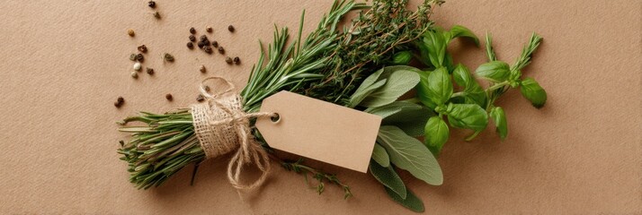Poster - Herb Bundle With Label Tag Arranged on Beige Backdrop Showcasing Fresh Natural Ingredients for Culinary Use