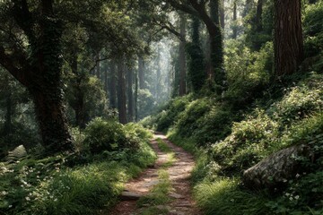 Poster - A Path Through Emerald Canopy: Sunlight Streams Through Dense Foliage in a Lush Forest Landscape