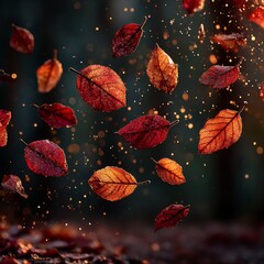 Poster - Autumnal Cascade: Falling Leaves in a Golden Light Shower, Painting the Forest Floor with Hues of Red and Orange.