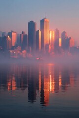 Poster - Cityscape Reflections:  Buildings shimmer in the water under a foggy sunrise glow, capturing the urban landscape's serene beauty.