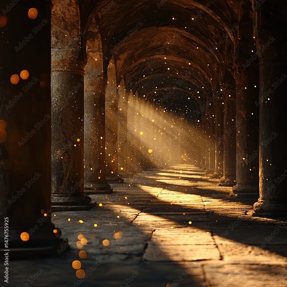 Long stone corridor with arches lit by sunlight beams. Floating dust ...