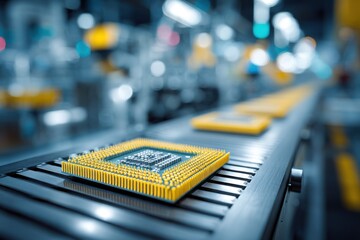 Poster - close-up of a microchip on an assembly line, demonstrating the intricate details of modern electroni